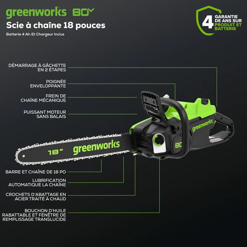 80V 18" Brushless Cordless Chainsaw, 4.0Ah Battery and Charger Included