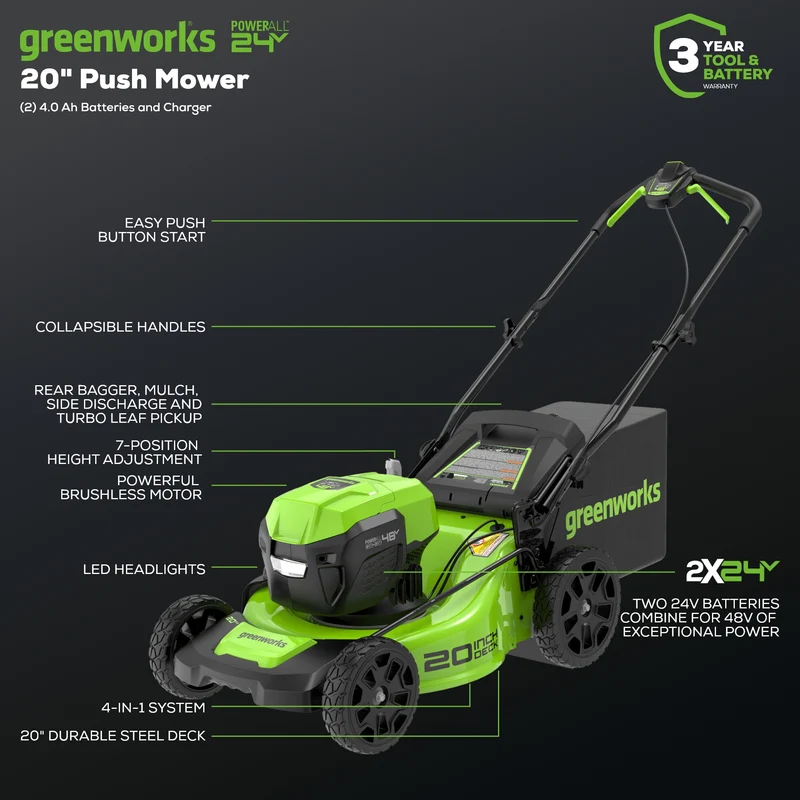 48V (24V x 2) 20" Brushless Push Mower, (2) 4Ah Batteries and Dual Port Charger