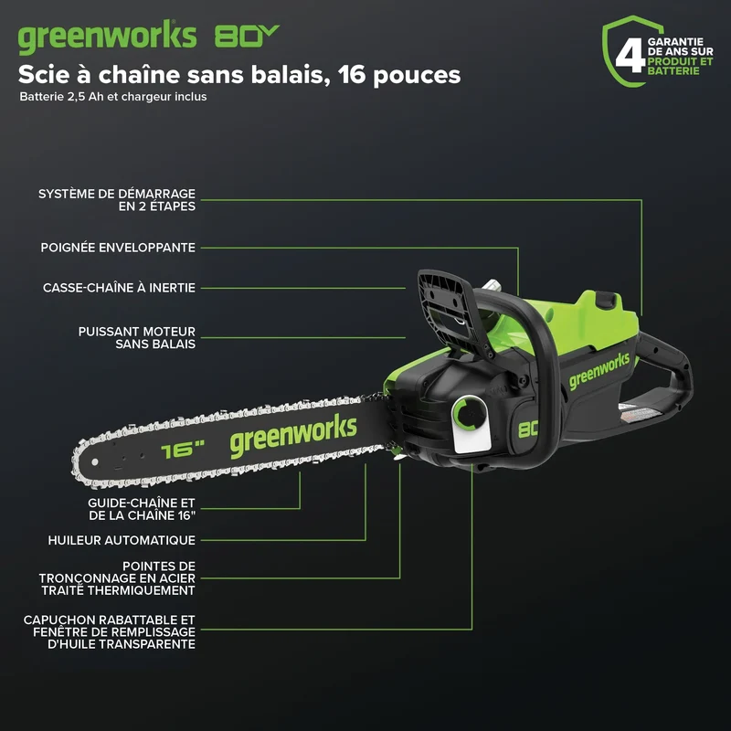 Greenworks 80V 16" Brushless Cordless Chainsaw, 2.5Ah Battery and Charger Included