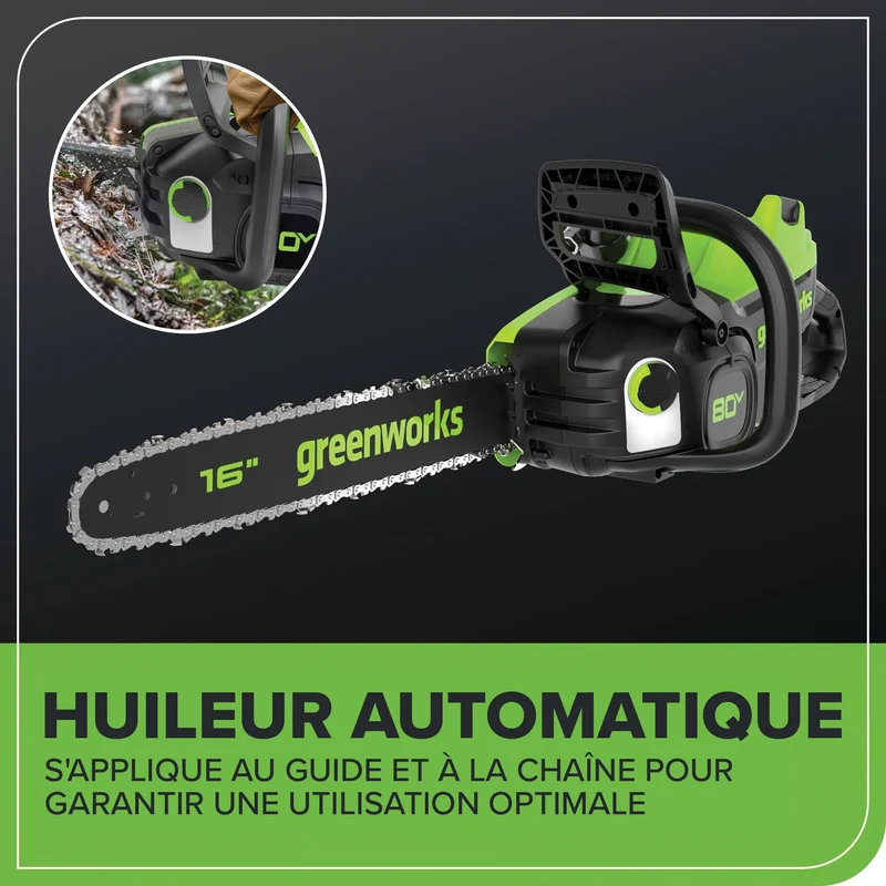 Greenworks 80V 16" Brushless Cordless Chainsaw, 2.5Ah Battery and Charger Included