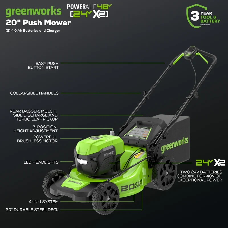 Greenworks 48V (24V x 2) 20" Mower, (2) 4.0Ah Batteries and Charger Included