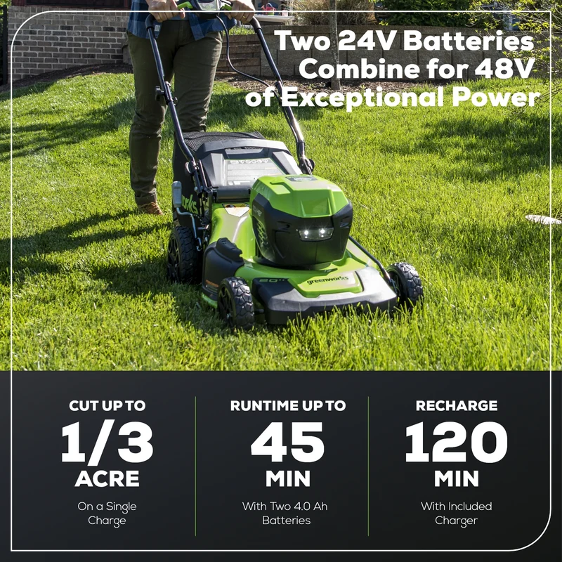 Greenworks 48V (24V x 2) 20" Mower, (2) 4.0Ah Batteries and Charger Included