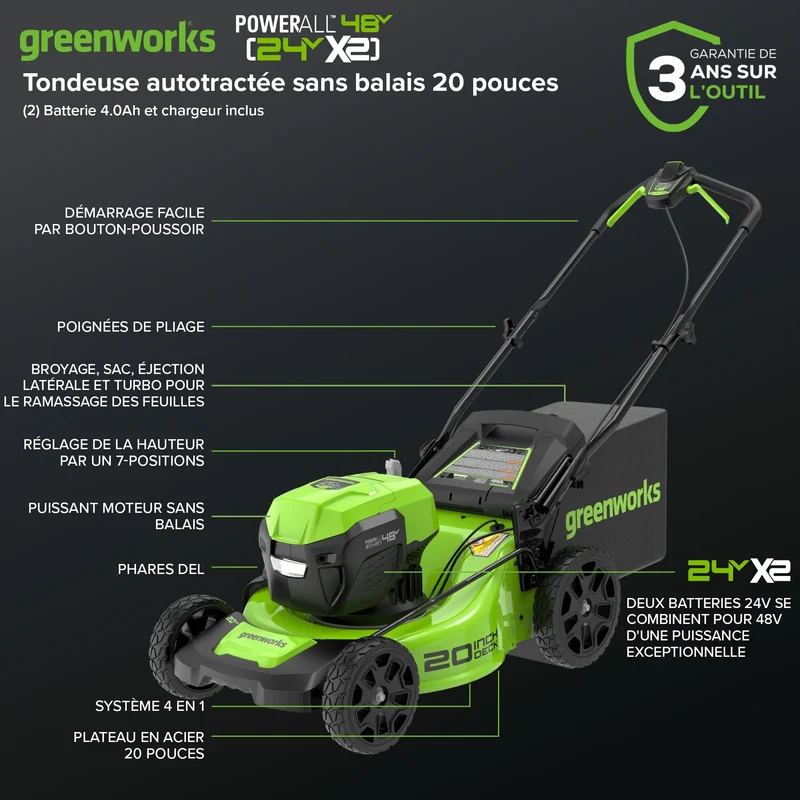 Greenworks 48V (24V x 2) 20" Mower, (2) 4.0Ah Batteries and Charger Included