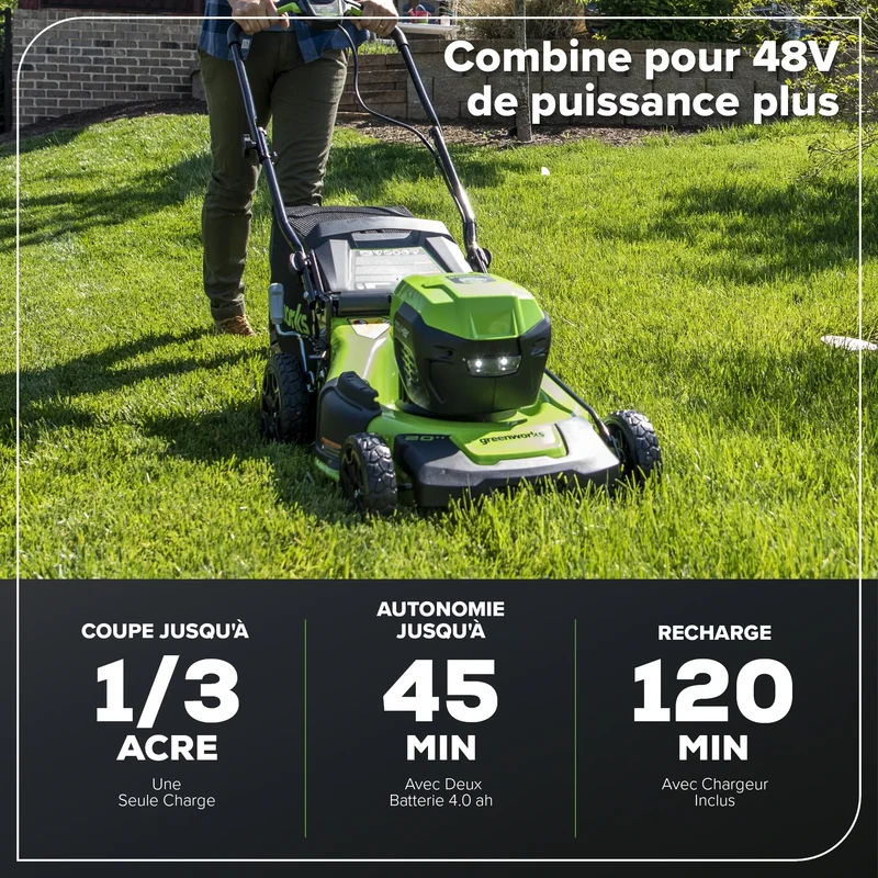 Greenworks 48V (24V x 2) 20" Mower, (2) 4.0Ah Batteries and Charger Included