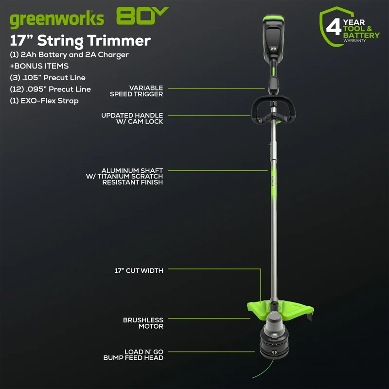 80V 17" Brushless String Trimmer, 2.0Ah Battery and Charger Included BONUS: Shoulder Strap and Extra Line