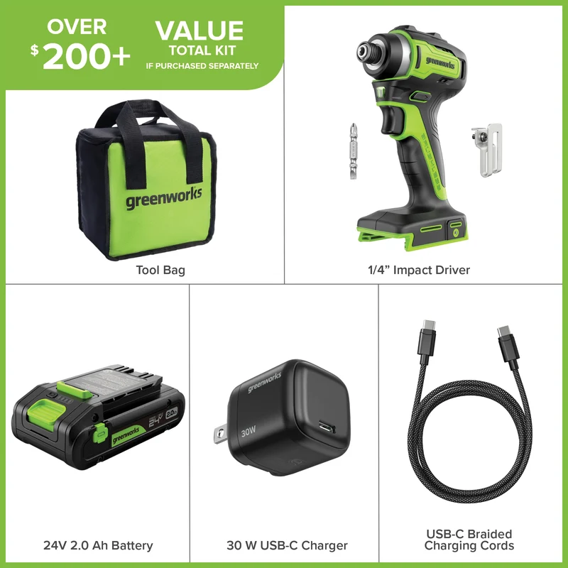 24V 1/4" 1950 in/lbs Brushless Impact Driver Kit – 2.0Ah USB-C Battery & 30W USB-C Fast Charger Included