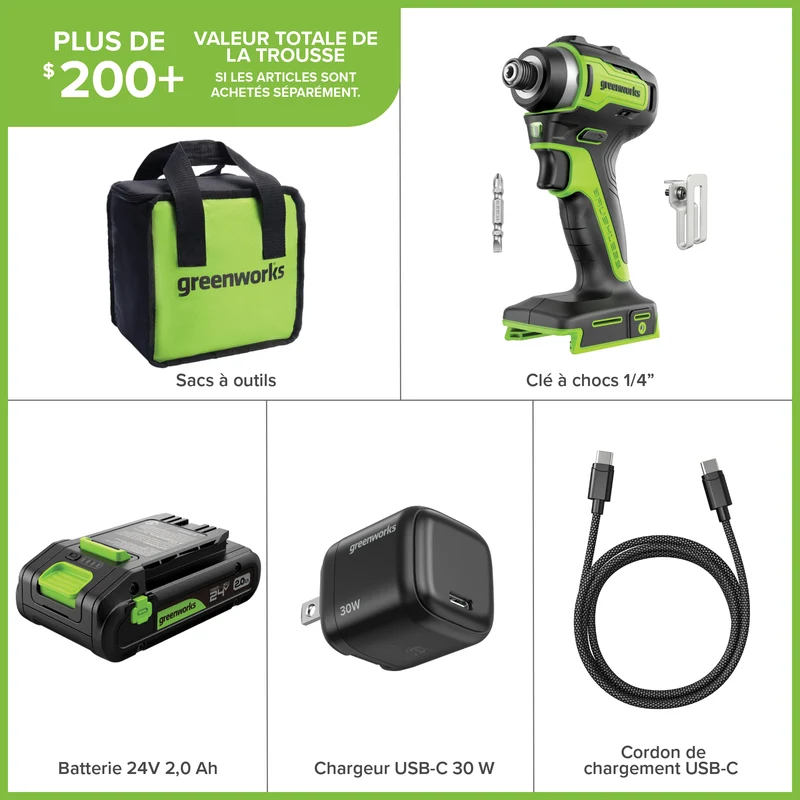 24V 1/4" 1950 in/lbs Brushless Impact Driver Kit – 2.0Ah USB-C Battery & 30W USB-C Fast Charger Included
