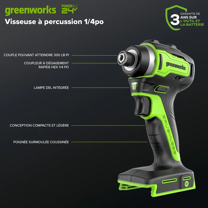 24V 1/4" 1950 in/lbs Brushless Impact Driver Kit – 2.0Ah USB-C Battery & 30W USB-C Fast Charger Included