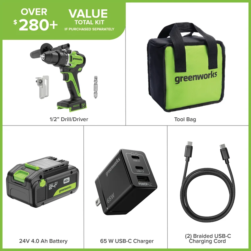 24V Cordless 1/2" 800 in/lbs Drill/Driver – 4.0Ah USB-C Battery & 65W USB-C Fast Charger Included