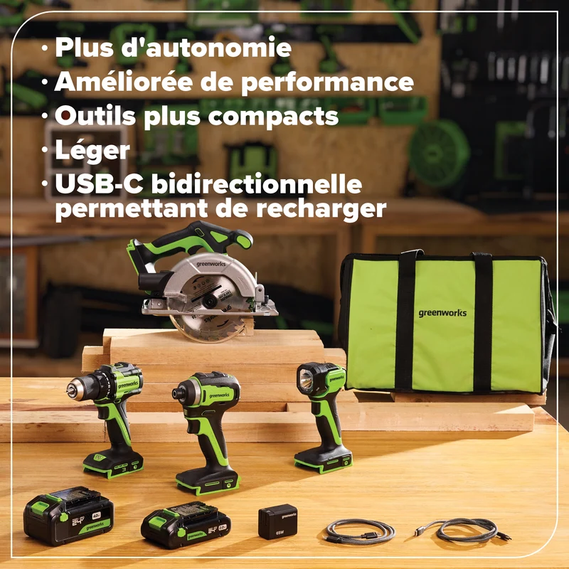 Greenworks 24V Brushless 5-Piece Power Tool Combo Kit, (1) 4.0Ah & (1) 2.0Ah USB-C Batteries & 65W USB-C Fast Charger Included