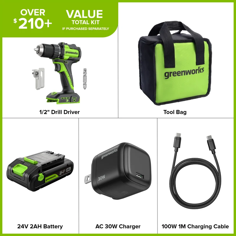 24V Cordless Battery 1/2" 400 in/lbs. Drill Driver – 2.0Ah USB-C Battery & 30W USB-C Fast Charger Included