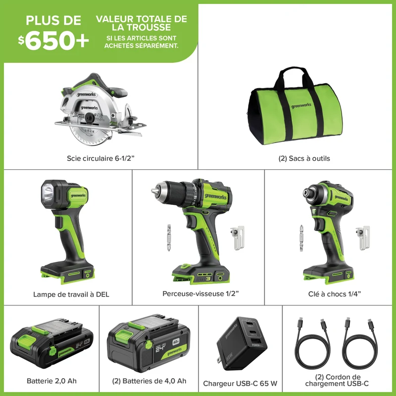 24V Brushless 4-Piece Power Tool Combo Kit – Drill/Driver, Circular Saw, Impact Driver, LED Flashlight, (1) 4.0Ah & (1) 2.0Ah USB-C Batteries, 65W USB-C Fast Charger Included