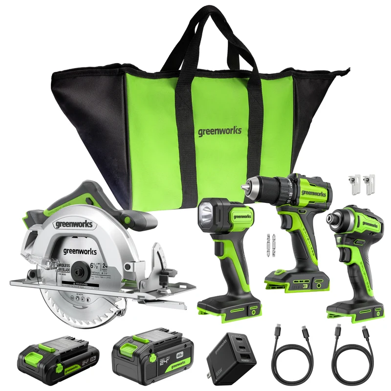 24V Brushless 4-Piece Power Tool Combo Kit – Drill/Driver, Circular Saw, Impact Driver, LED Flashlight, (1) 4.0Ah & (1) 2.0Ah USB-C Batteries, 65W USB-C Fast Charger Included
