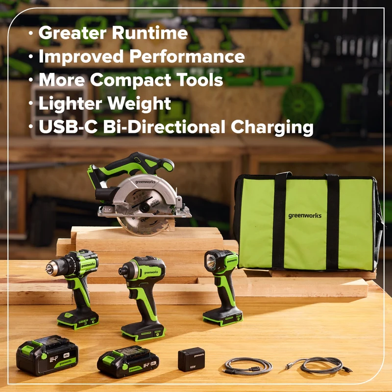 24V Brushless 4-Piece Power Tool Combo Kit – Drill/Driver, Circular Saw, Impact Driver, LED Flashlight, (1) 4.0Ah & (1) 2.0Ah USB-C Batteries, 65W USB-C Fast Charger Included