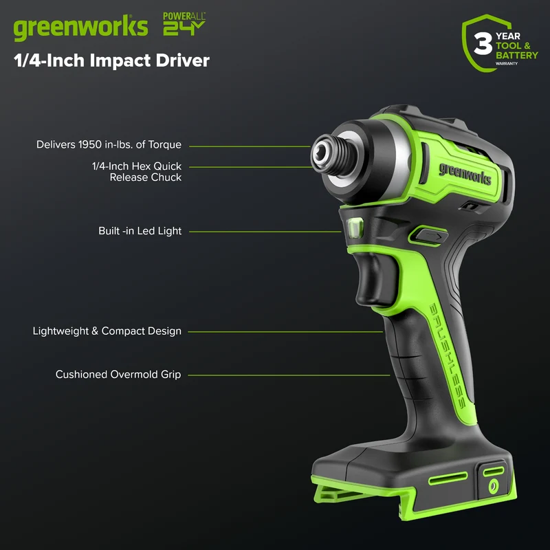 Greenworks 24V Brushless 6-Piece Power Tool Combo Kit, (1) 4.0Ah & (1) 2.0Ah USB-C Batteries, 65W USB-C Fast Charger Included