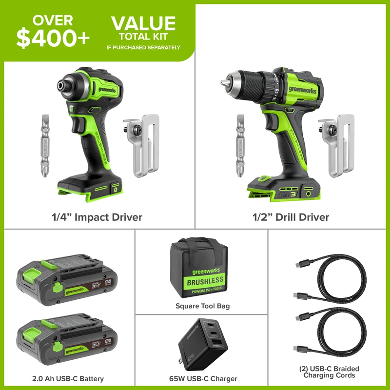 24V Cordless Battery 400 in-lbs Drill / Driver and 1950 in-lbs Impact Driver – (2) 2.0Ah USB-C Batteries & 65W USB-C Fast Charger Included