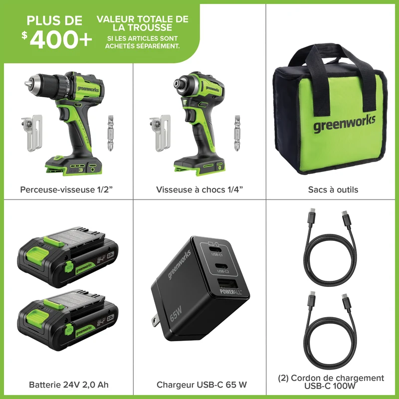 24V Cordless Battery 400 in-lbs Drill / Driver and 1950 in-lbs Impact Driver – (2) 2.0Ah USB-C Batteries & 65W USB-C Fast Charger Included