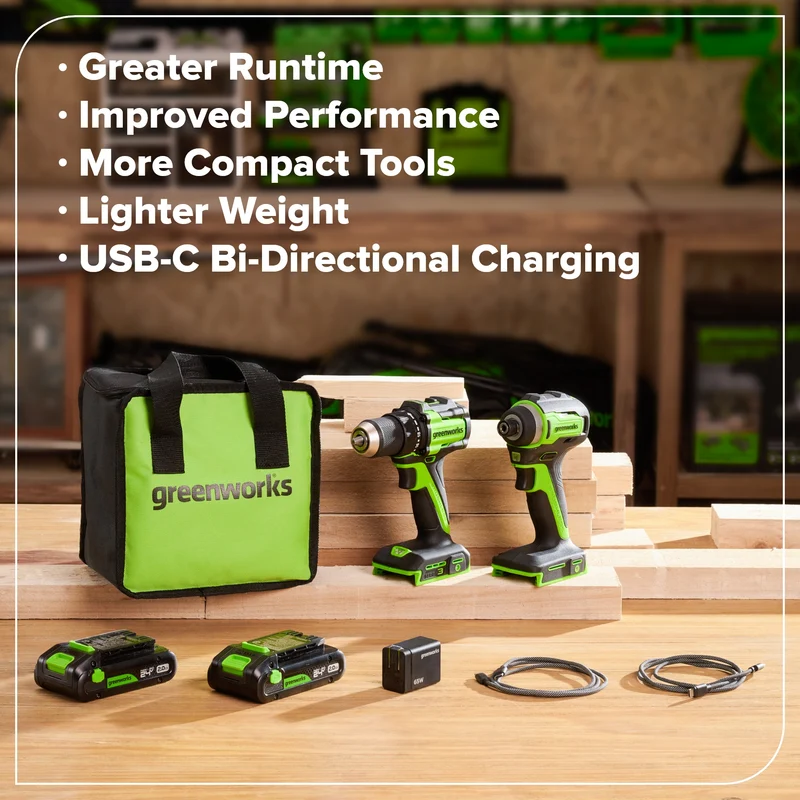 24V Cordless Battery 400 in-lbs Drill / Driver and 1950 in-lbs Impact Driver – (2) 2.0Ah USB-C Batteries & 65W USB-C Fast Charger Included