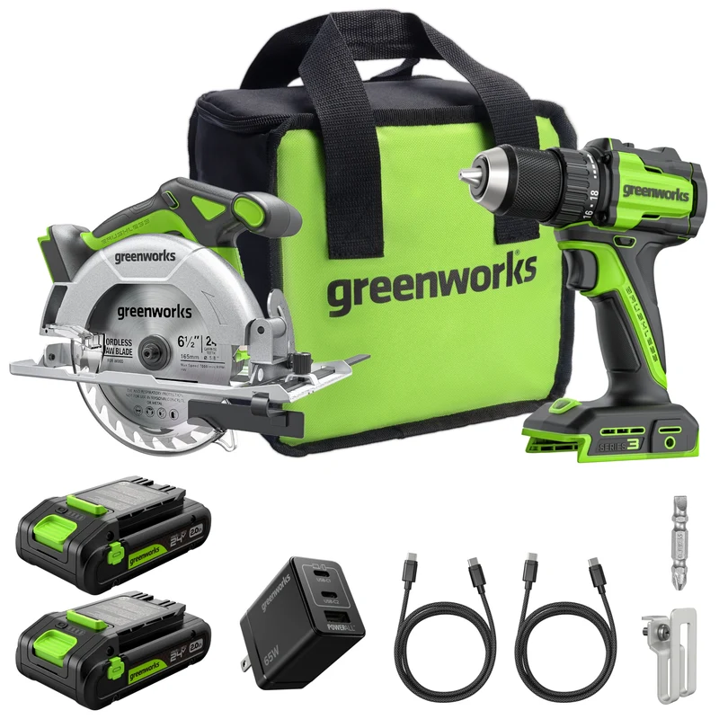 24V Brushless Drill/Driver & 6.5" Circular Saw Combo Kit – (2) 2.0Ah USB-C Batteries & 65W USB-C Fast Charger Included