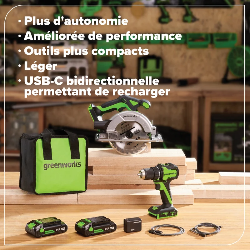24V Brushless Drill/Driver & 6.5" Circular Saw Combo Kit – (2) 2.0Ah USB-C Batteries & 65W USB-C Fast Charger Included