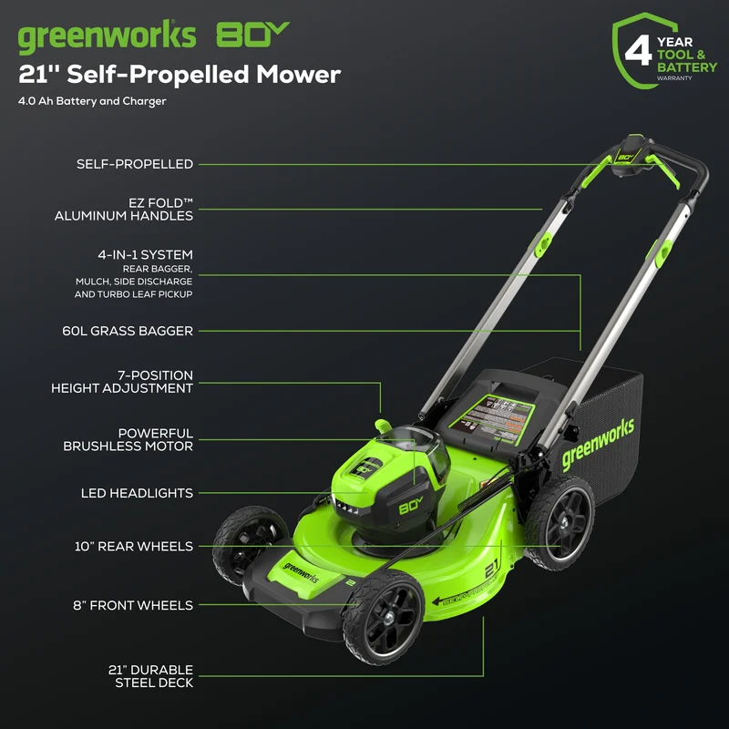 80V 21" Self-Propelled Cordless Lawn Mower , 4.0Ah Battery and Rapid Charger Included