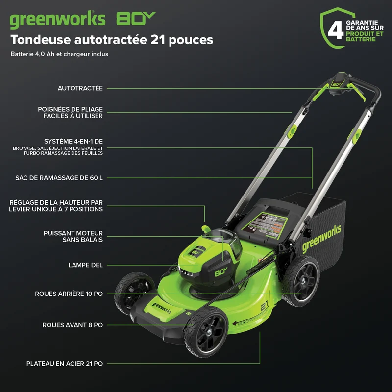 80V 21" Self-Propelled Cordless Lawn Mower , 4.0Ah Battery and Rapid Charger Included