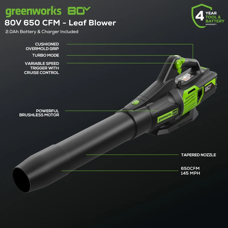 80V 650 CFM - 145 MPH Leaf Blower, 2.0Ah Battery and Charger Included
