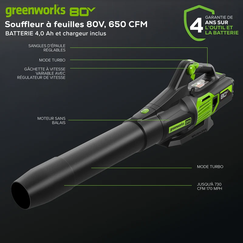 80V 650 CFM - 145 MPH Leaf Blower, 2.0Ah Battery and Charger Included