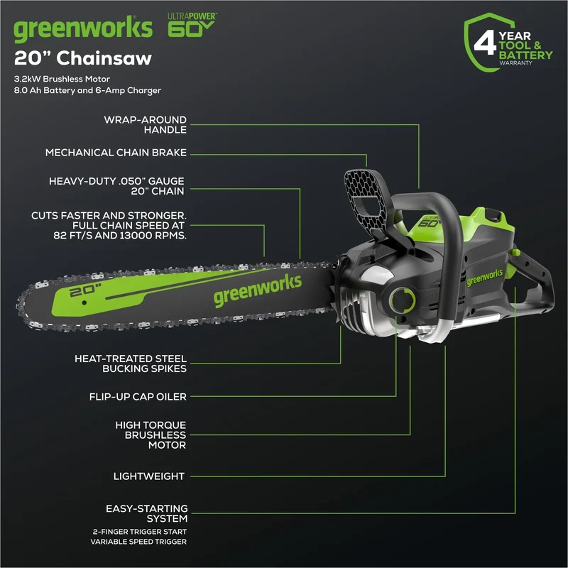 60V 20" Cordless Battery 3.2kW Chainsaw, 8.0Ah Battery & Rapid Charger Included