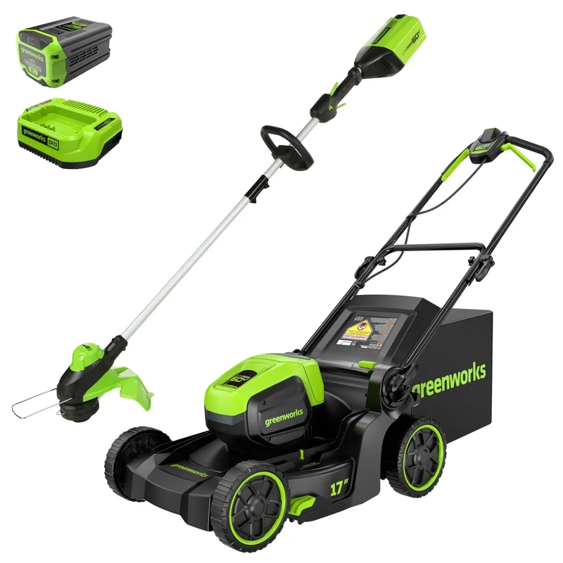 60V 17" Brushless Mower and 13" String Trimmer Combo Kit, 4.0Ah Battery & Charger Included