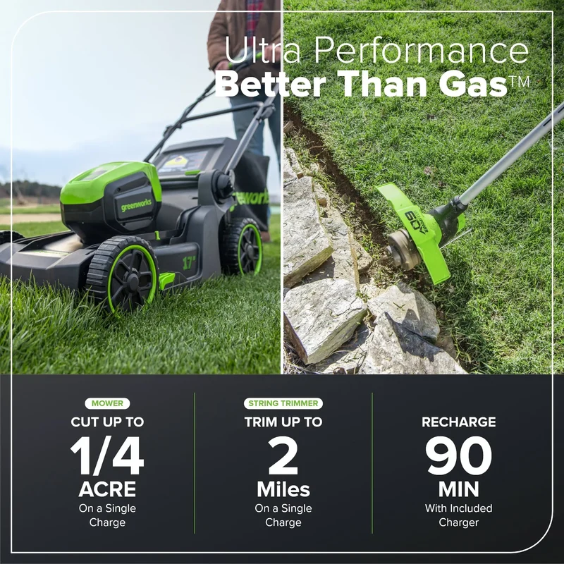 60V 17" Brushless Mower and 13" String Trimmer Combo Kit, 4.0Ah Battery & Charger Included