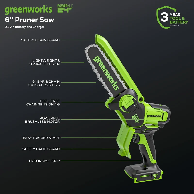 24V 6" Brushless Pruner Saw, 2.0Ah Battery and Charger Included