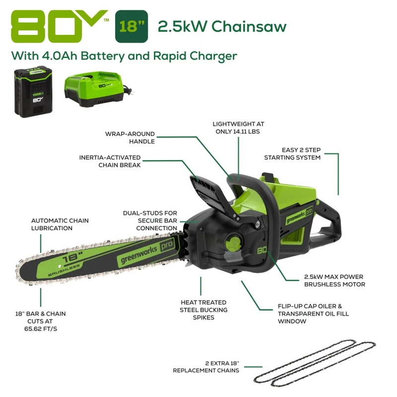 80V 18" Gen II Chainsaw, 4.0Ah Battery and Rapid Charger Included