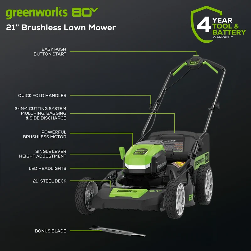 80V 21" Brushless Lawn Mower, 4.0Ah Battery and Charger Included BONUS: Extra Blade