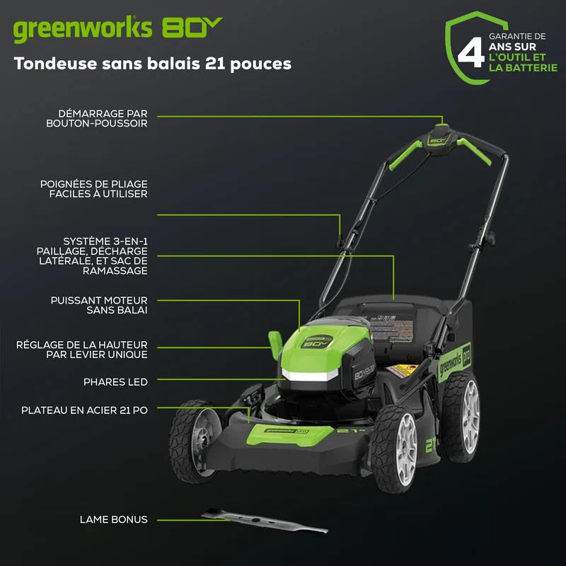 80V 21" Brushless Lawn Mower, 4.0Ah Battery and Charger Included BONUS: Extra Blade
