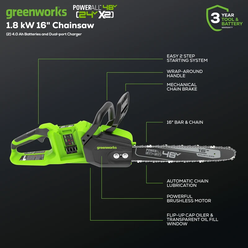 48V (24V x 2) 16'' Chainsaw, (2) 4.0Ah Batteries & Charger Included BONUS: Extra Chain