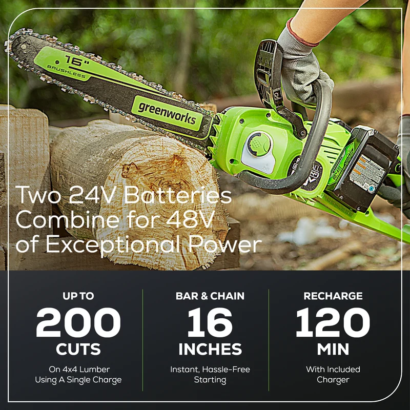48V (24V x 2) 16'' Chainsaw, (2) 4.0Ah Batteries & Charger Included BONUS: Extra Chain