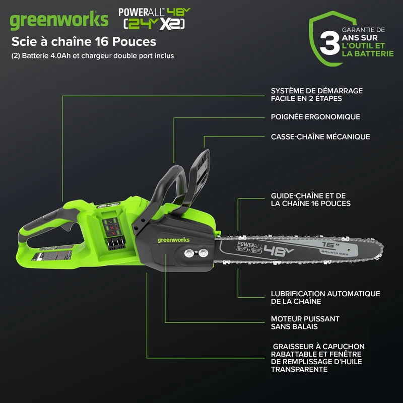 48V (24V x 2) 16'' Chainsaw, (2) 4.0Ah Batteries & Charger Included BONUS: Extra Chain