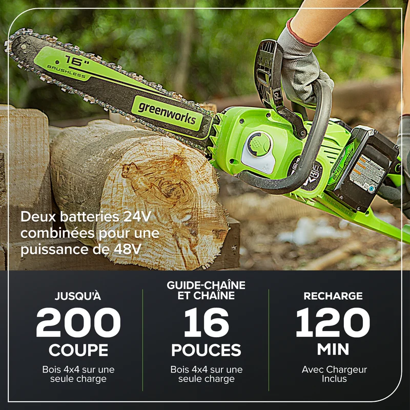 48V (24V x 2) 16" Cordless Battery Chainsaw, (2) 4.0Ah USB Batteries & Dual Port Charger Included