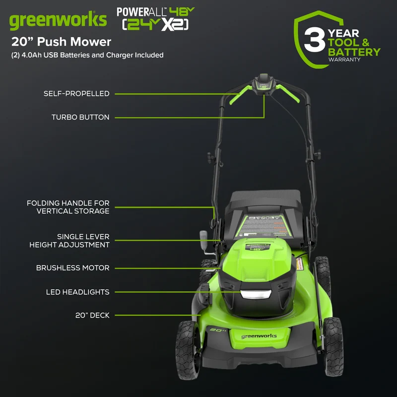 48V (24V x 2) 20" Brushless Push Mower, (2) 4Ah USB Batteries and 4A Dual Port Charger