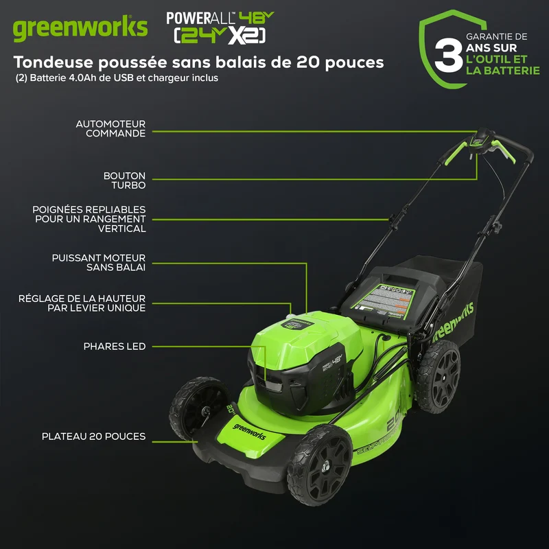 48V (24V x 2) 20" Brushless Push Mower, (2) 4Ah USB Batteries and 4A Dual Port Charger