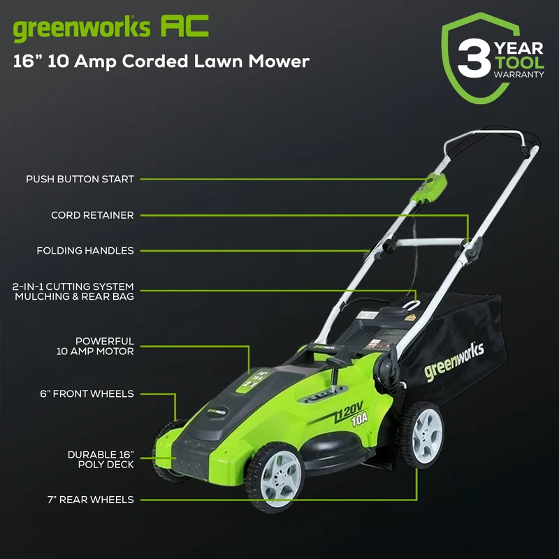 Greenworks 10 Amp 16" Corded Lawn Mower