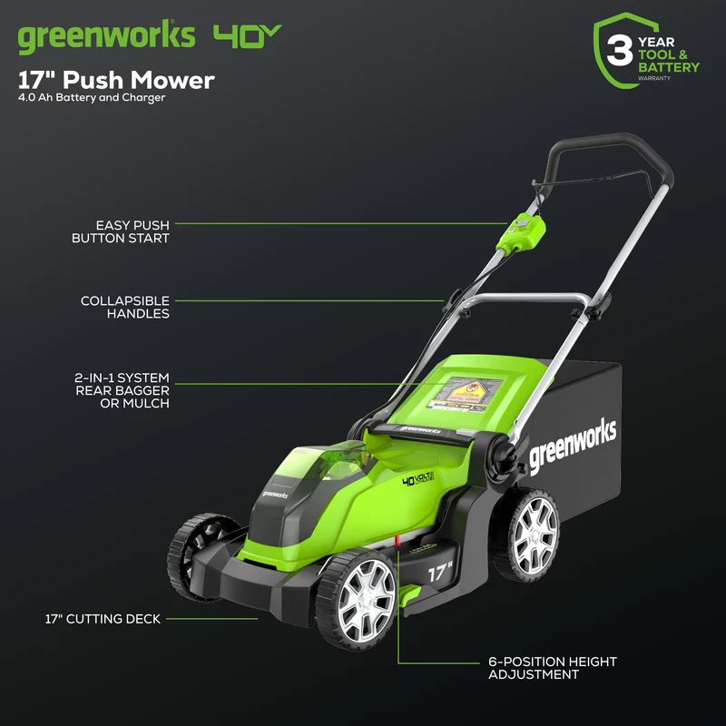 40V 17" Battery Lawn Mower - Push with 4.0Ah Battery & Charger