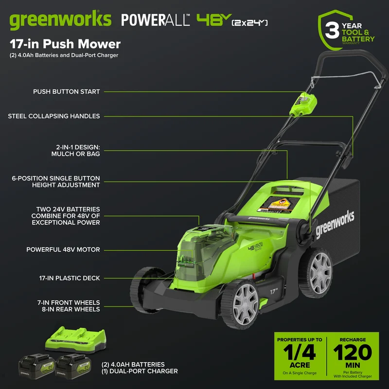 48V (24V x 2) 17" Lawn Mower, (2) 4.0Ah Batteries and Charger Included - MO48B2210