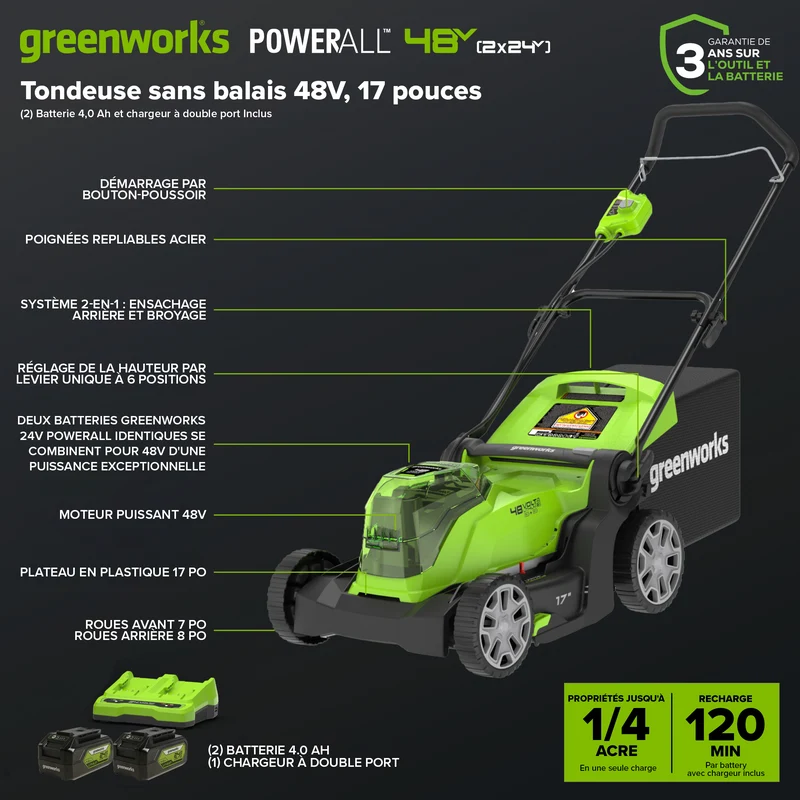 48V (24V x 2) 17" Lawn Mower, (2) 4.0Ah Batteries and Charger Included - MO48B2210