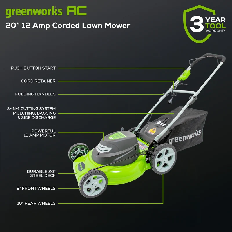 12 Amp Electric Lawn Mower - 20" Corded Push Mower