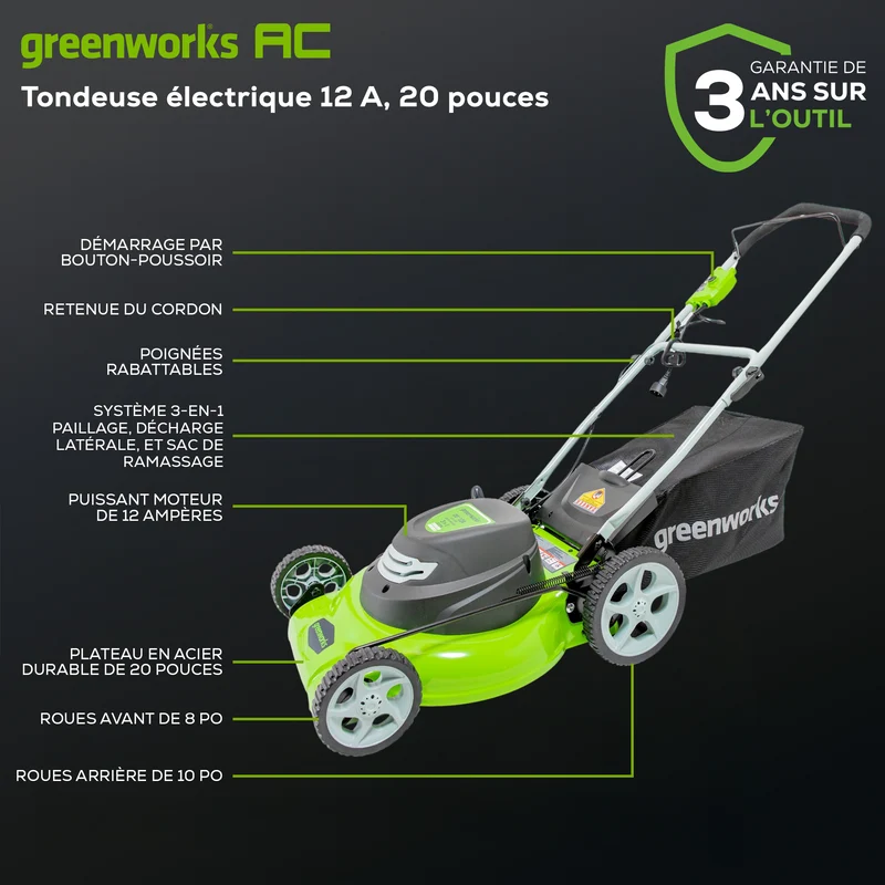 12 Amp Electric Lawn Mower - 20" Corded Push Mower
