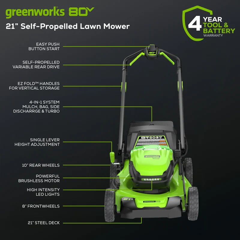 80V 21" Self-Propelled Brushless Lawn Mower, 4.0Ah and 2.0Ah Battery and Charger Included