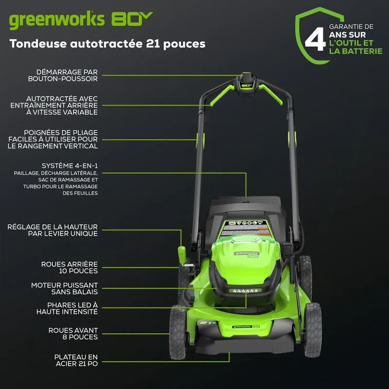 80V 21" Self-Propelled Brushless Lawn Mower, 4.0Ah and 2.0Ah Battery and Charger Included