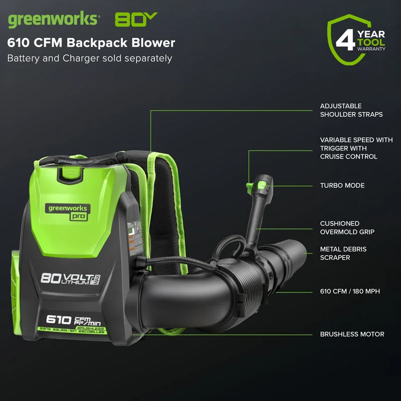80V 180 MPH - 610 CFM Brushless Backpack Blower (Tool Only) - BPB80L00